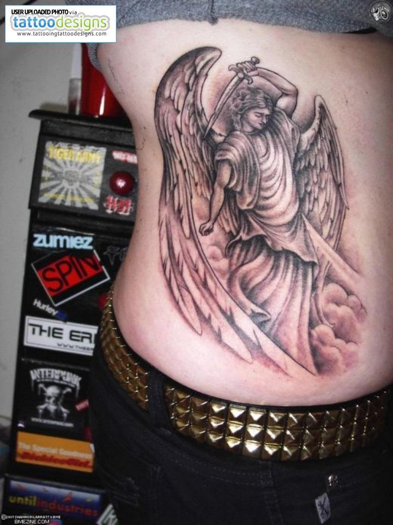 Black And Grey 3D Angel Tattoo On Side Rib