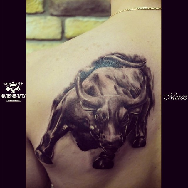 Black And Grey 3D Bull Tattoo On Man Back Shoulder By Aleksey