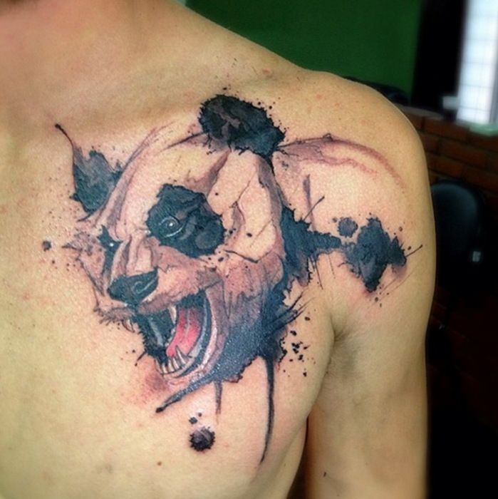 Black And Grey 3D Panda Face Tattoo On Man Left Front Shoulder
