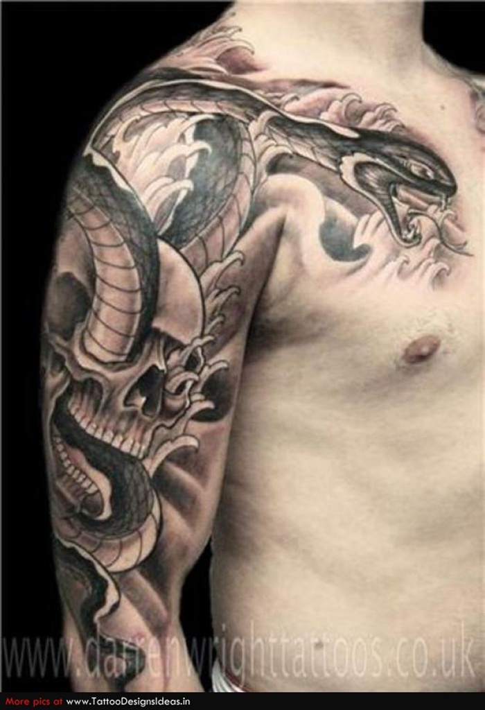 Black And Grey 3D Snake In Skull Tattoo On Half Sleeve And Front Shoulder
