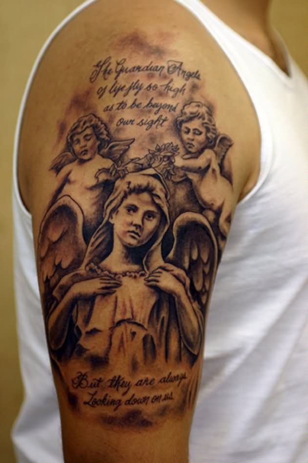 Black And Grey Angel With Cherub Tattoo On Man Right Half Sleeve