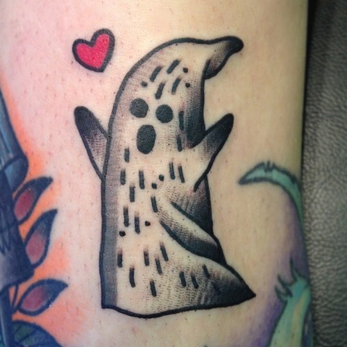 Black And Grey Baby Ghost With Red Little Heart Tattoo Design