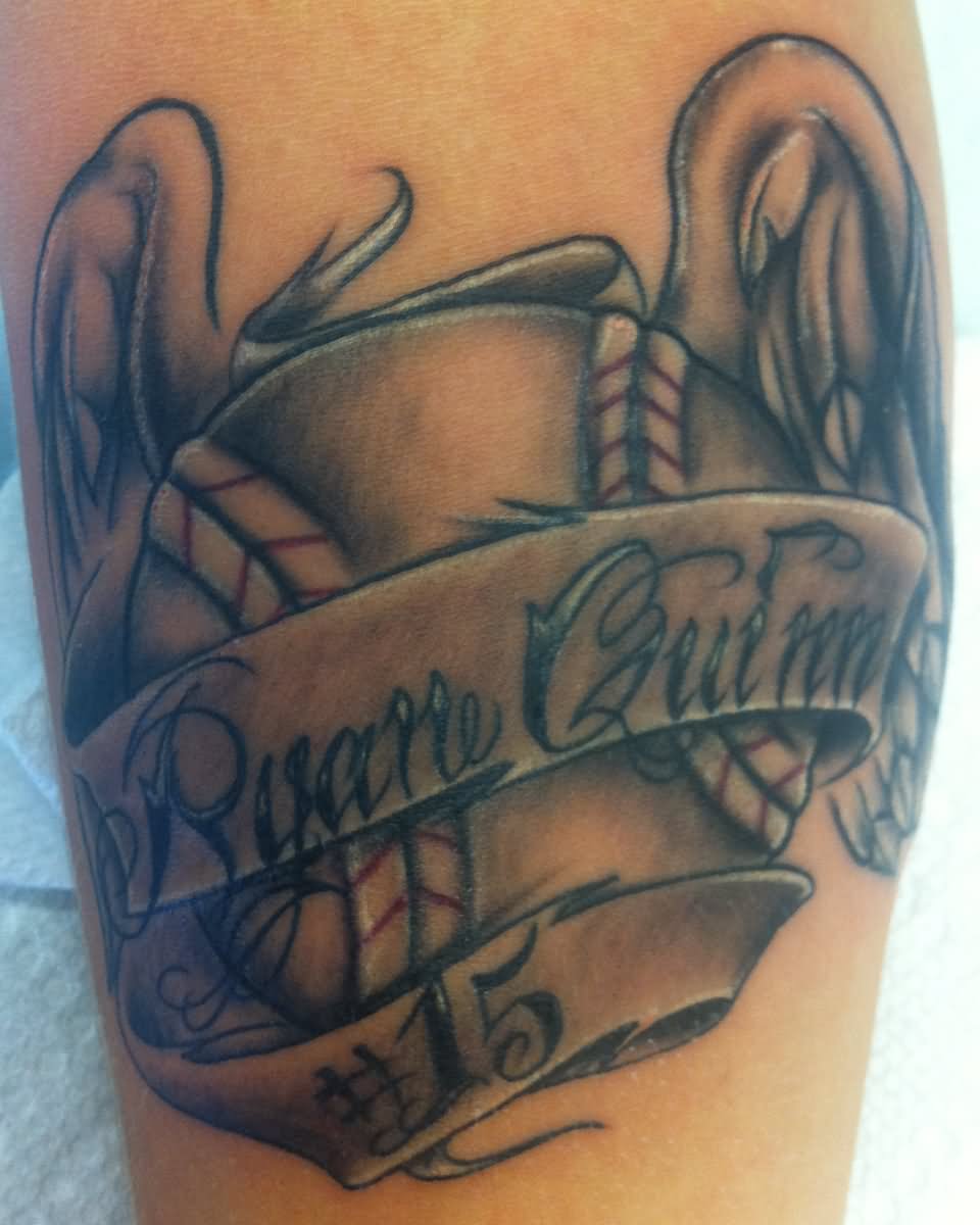 Black And Grey Baseball With Angel Wings And Banner Tattoo Design