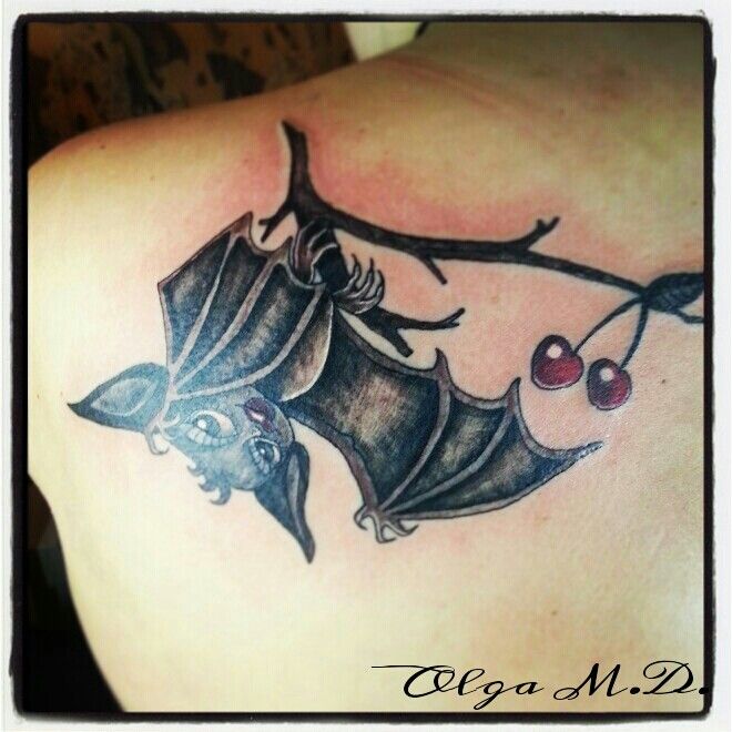 Black And Grey Bat Hanged On Branch Tattoo On Upper Back Shoulder
