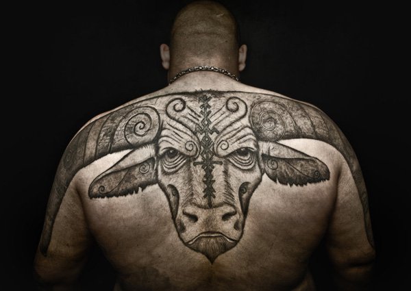 Black And Grey Bull Head Tattoo On Man Upper Back By Peter Walrus Madsen