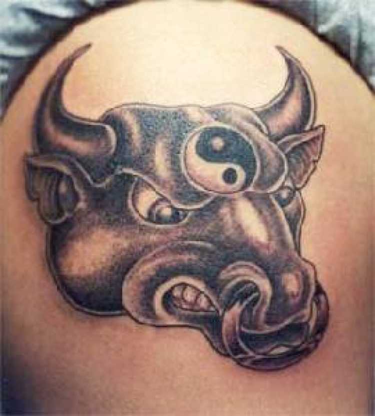 Black And Grey Bull Head With Yin Yang Symbol Tattoo Design