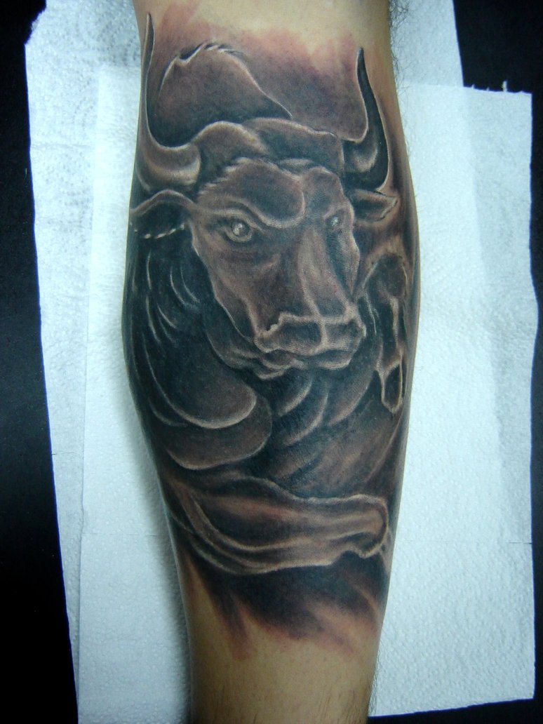 Black And Grey Bull Tattoo On Forearm By Sladjan
