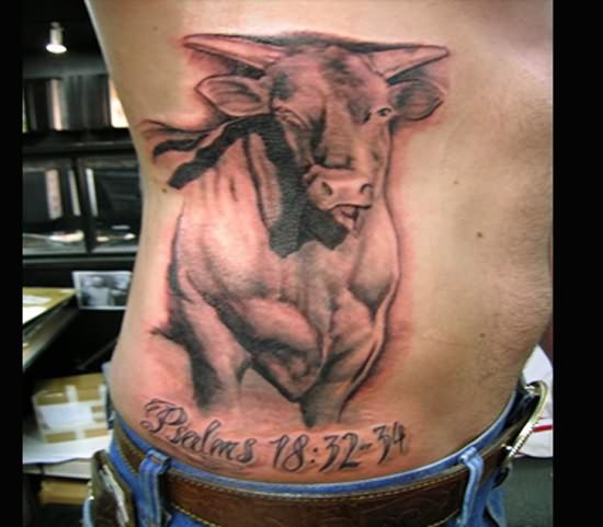 Black And Grey Bull Tattoo On Man Side Rib