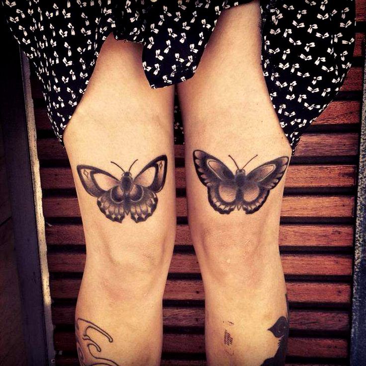 Black And Grey Butterfly Tattoo On Both Knees