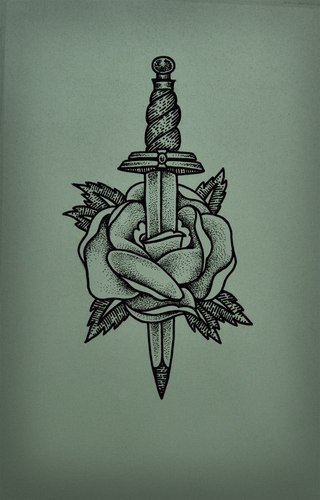 Black And Grey Dagger In Rose Tattoo Design