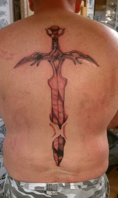 Black And Grey Dagger Tattoo On Man Back