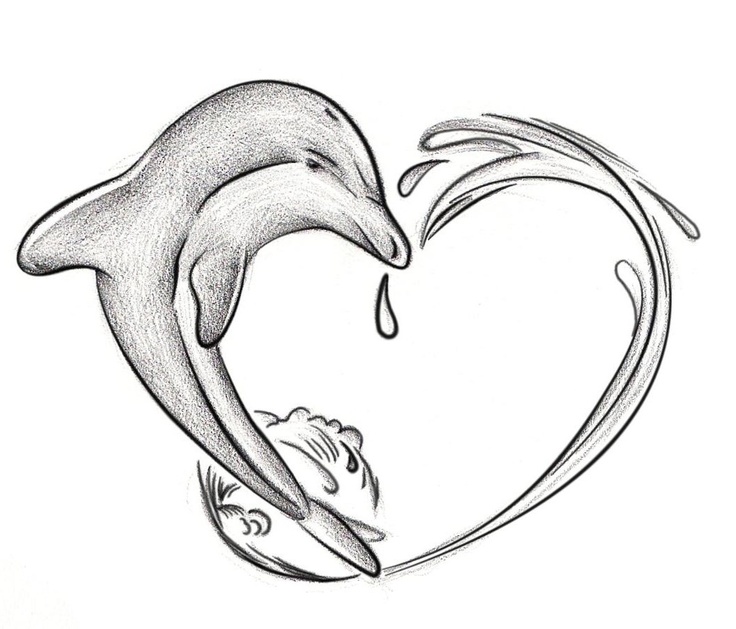 Black And Grey Dolphin In Heart Tattoo Design
