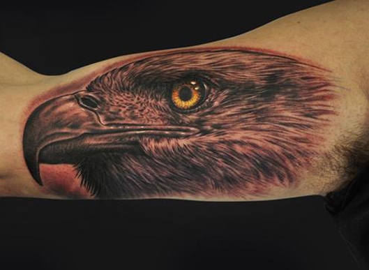 Black And Grey Eagle Face Tattoo On Bicep