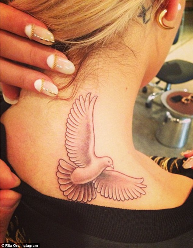 Black And Grey Flying Dove Tattoo On Girl Back Neck