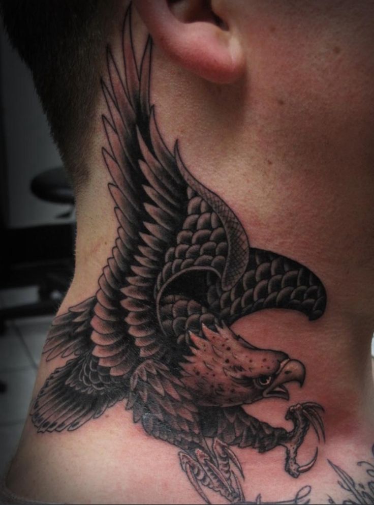 Black And Grey Flying Eagle Tattoo On Man Side Neck