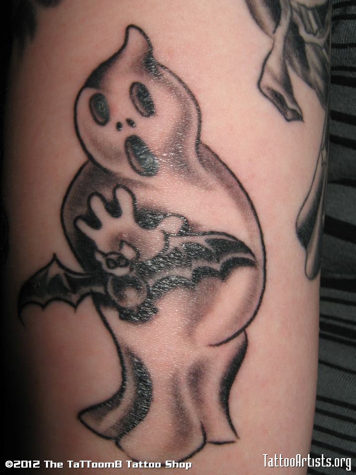 Black And Grey Ghost With Flying Bat Tattoo Design