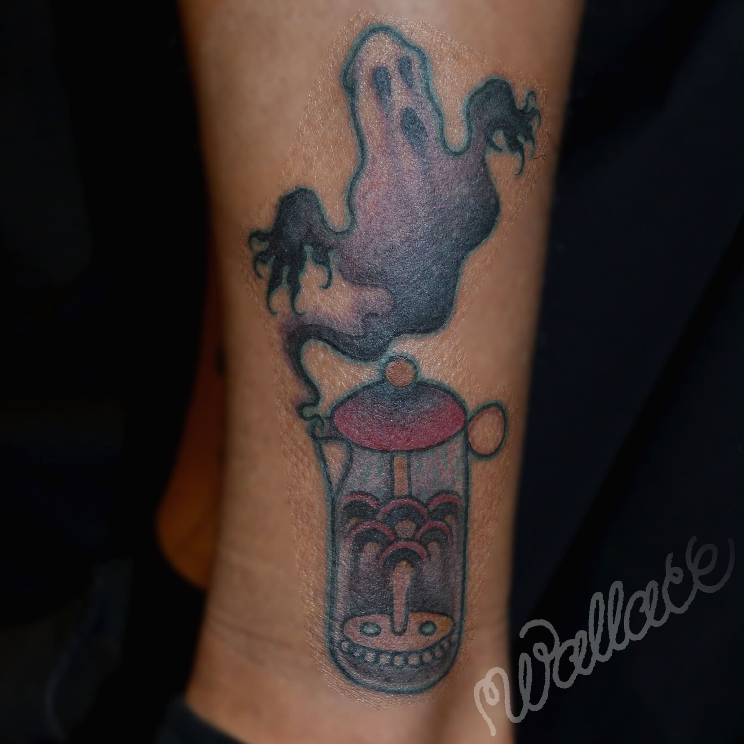 Black And Grey Ghost With Lamp Tattoo On Leg
