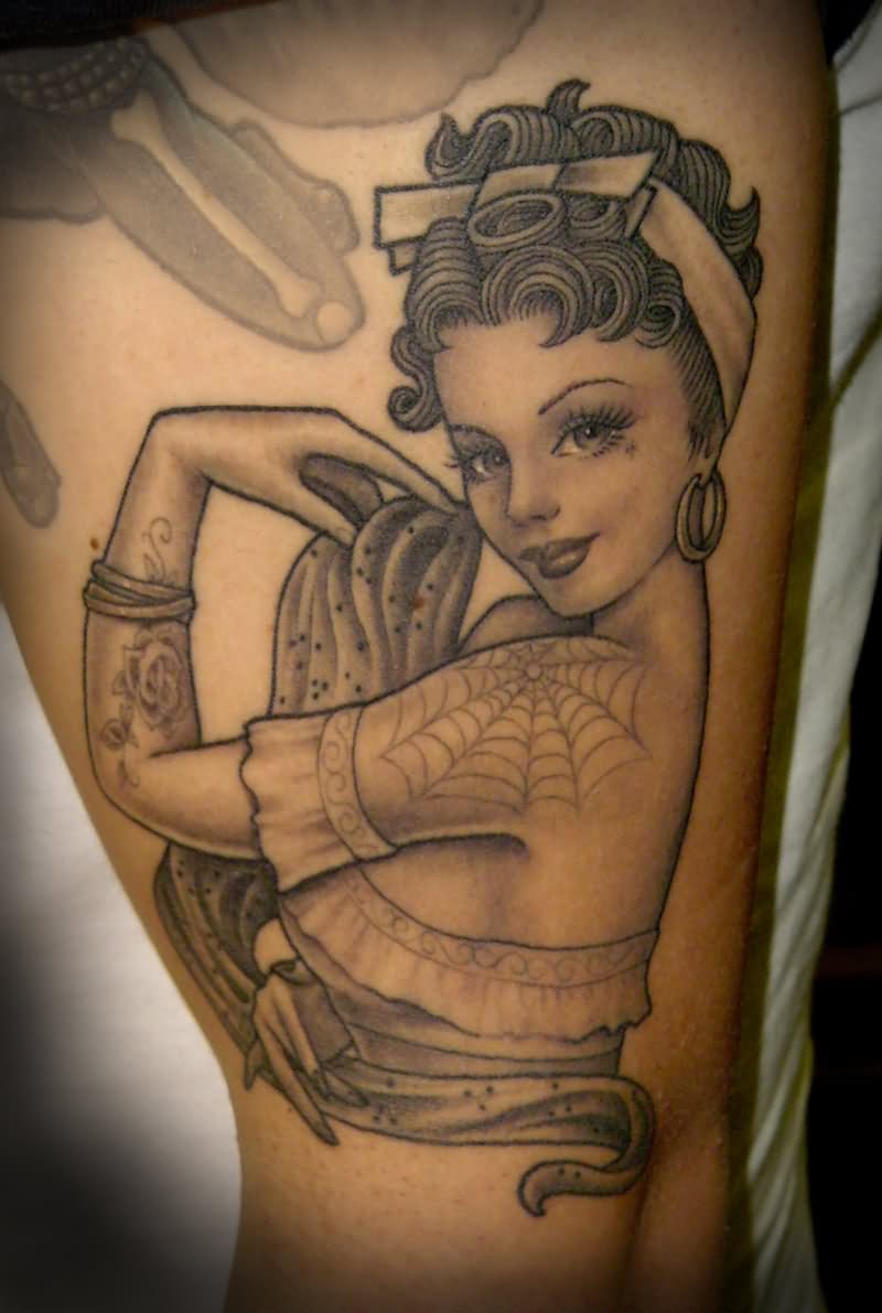 Black And Grey Ink Pin Up Tattoo On Left Sleeve