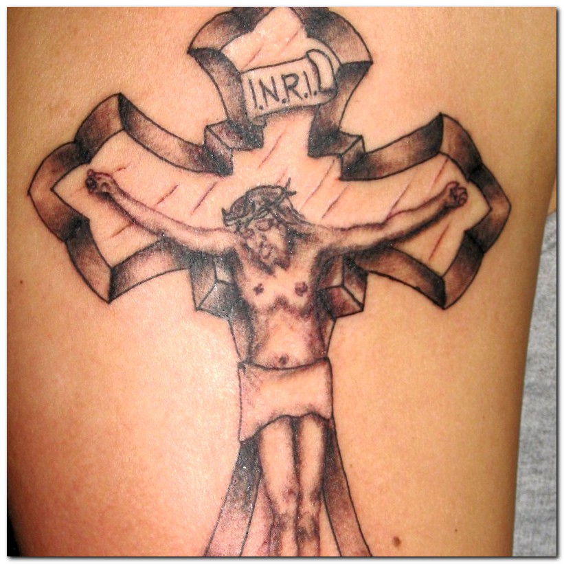 Black And Grey Jesus Crucified On Cross Tattoo Design