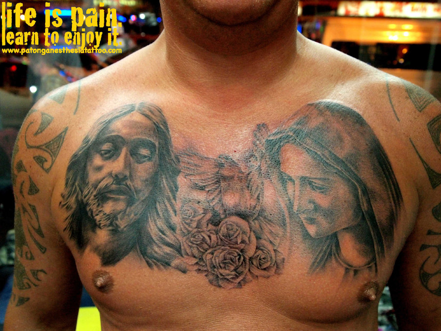 Black And Grey Jesus & Saint Mary Tattoo On Man Chest By Saksit