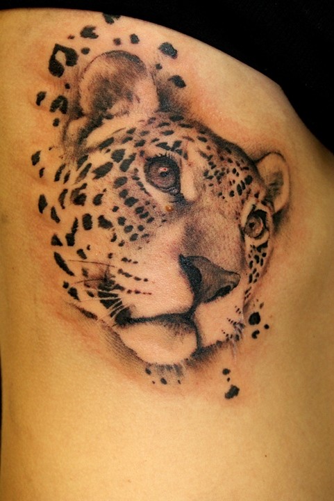 Black And Grey Leopard Head Tattoo Design By Erik Jacobsen