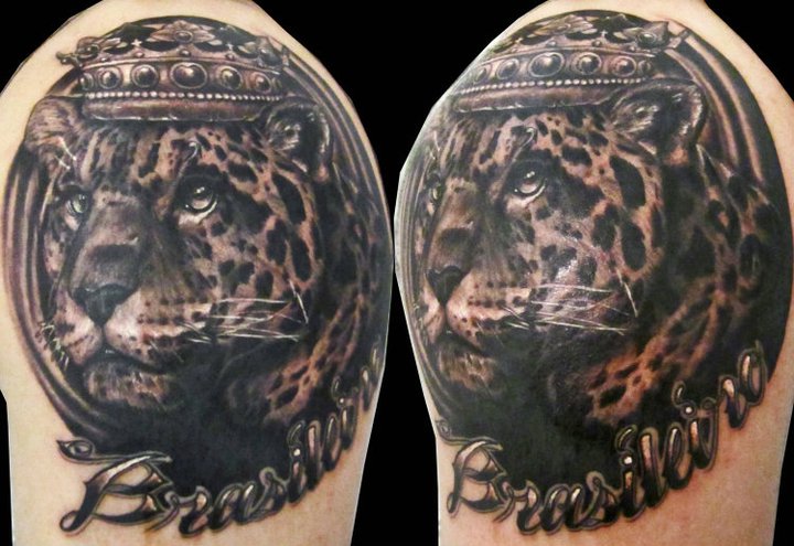Black And Grey Leopard With Crown Tattoo On Shoulder