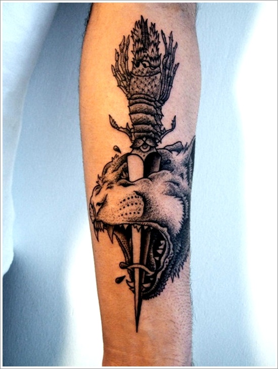 Black And Grey Panther Head Dagger Knife Tattoo