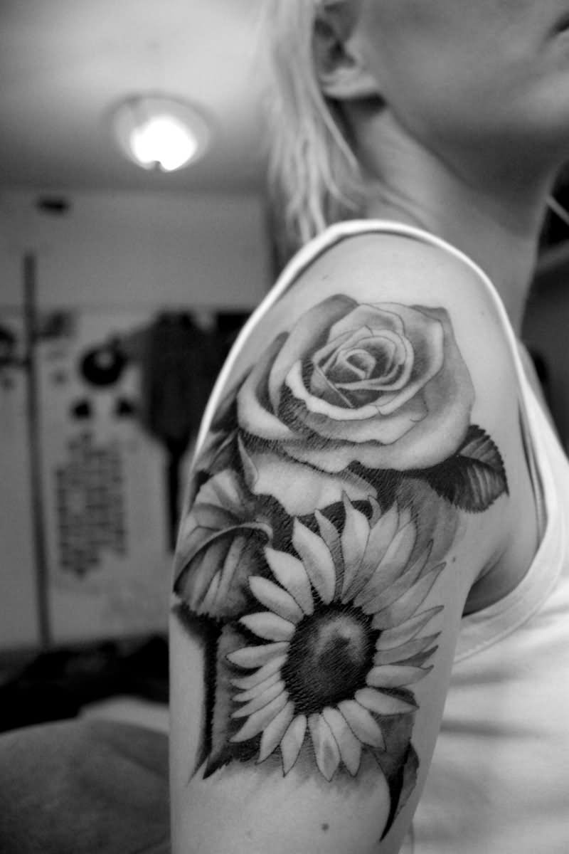 Black And Grey Sunflower With Rose Tattoo On Half Sleeve