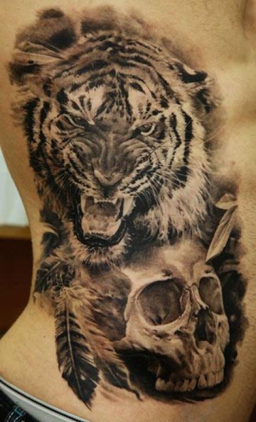 Black And Grey Tiger With Skull Tattoo On Side Rib By Dmitriy Samohin