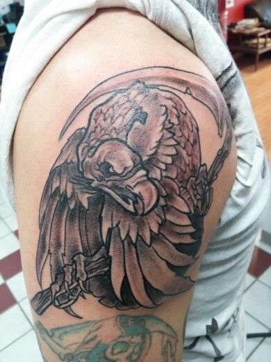 Black And Grey Vulture With Reaper Tattoo On Shoulder