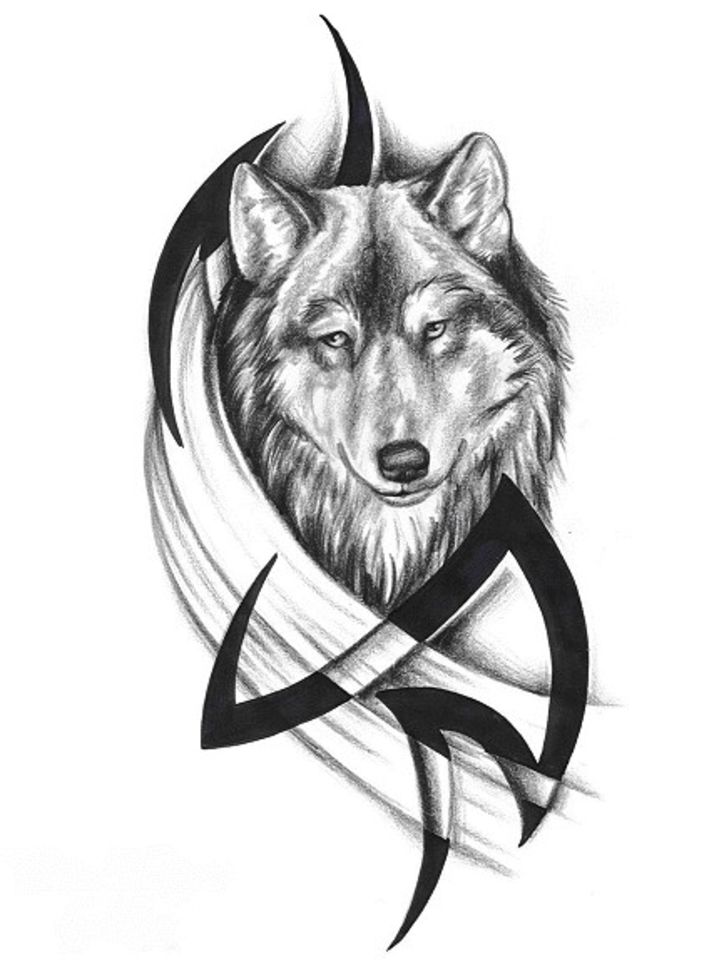 Black And Grey Wolf With Banner Tattoo Design