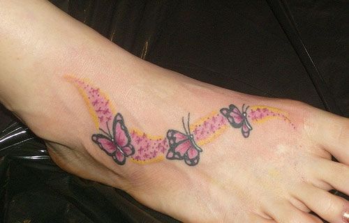Black And Pink Three Butterflies Tattoo On Girl Foot
