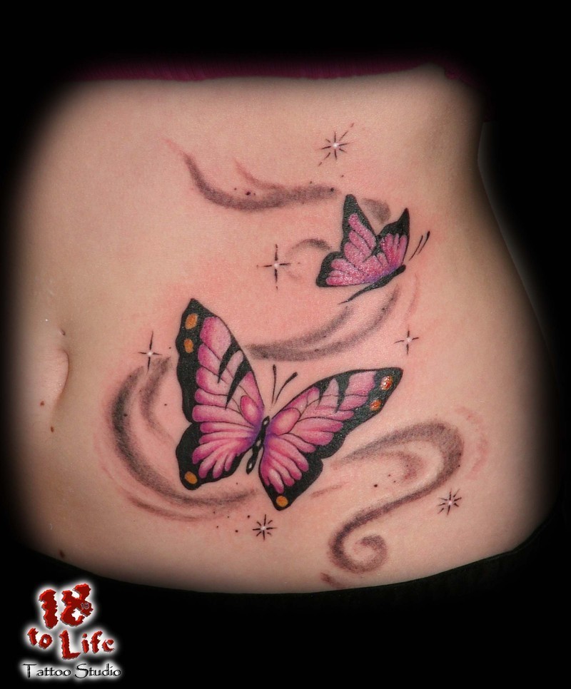 Black And Pink Two Flying Butterfly Tattoo For Belly Button