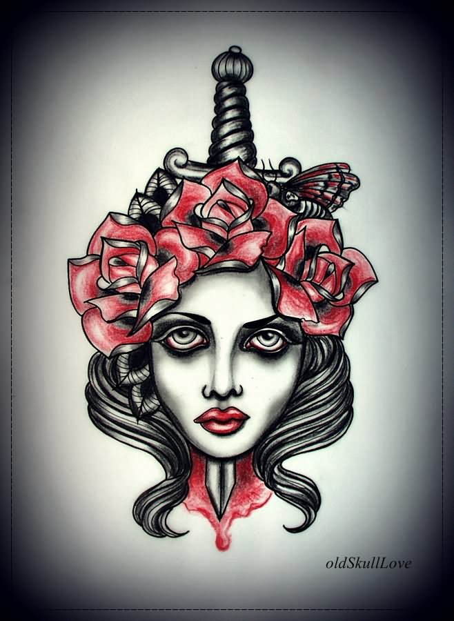 Black And Red Dagger In Girl Face Tattoo Design By MWeiss