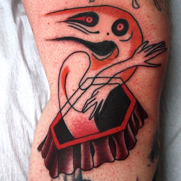 Black And Red Ghost On Coffin Tattoo Design