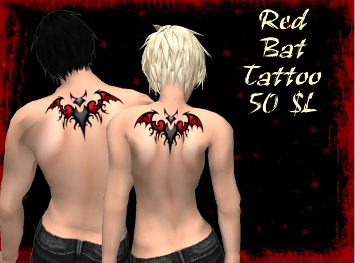 Black And Red Tribal Bat Tattoo On Couple Back