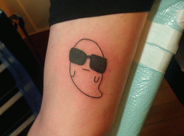Black Baby Ghost With Sunglasses Tattoo On Half Sleeve