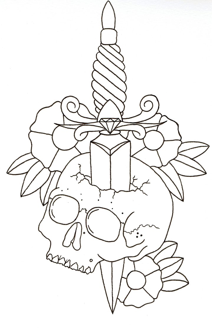 Black Dagger In Skull With Flower Tattoo Design By Kristian