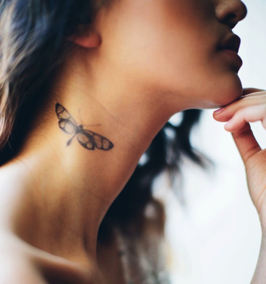 Black Dragonfly Tattoo On Girl Side Neck