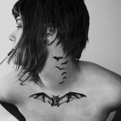 Black Flying Bats Tattoo On Girl Neck