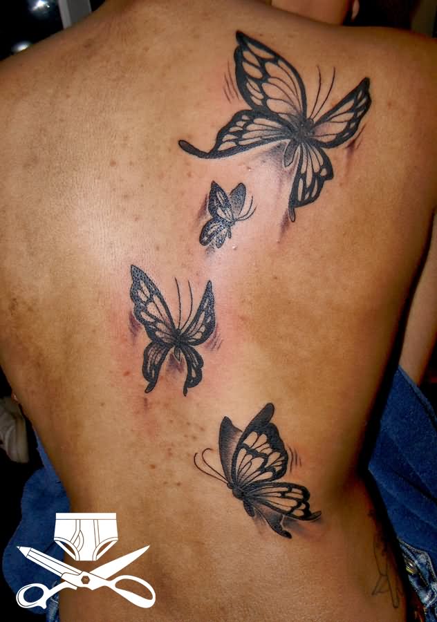 Black Flying Butterflies Tattoo On Man back