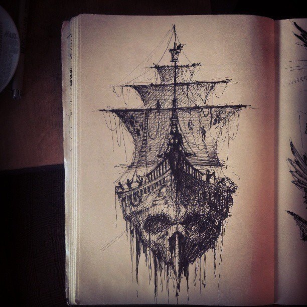 Black Ghost Face On Ship Tattoo Design