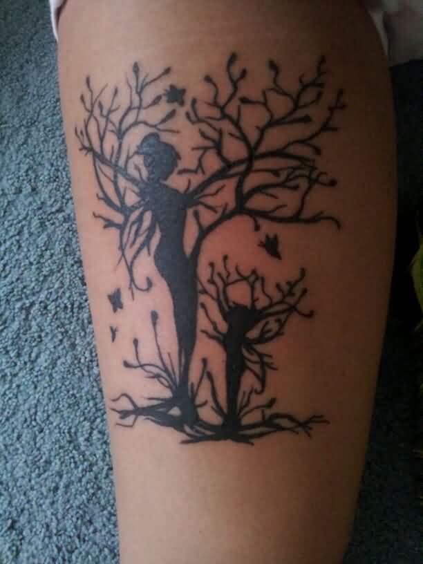 Black Ink Mom And Daughter Tree Tattoo On Leg
