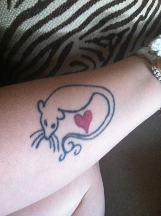 Black Rat Outline With Red Heart Tattoo On Forearm