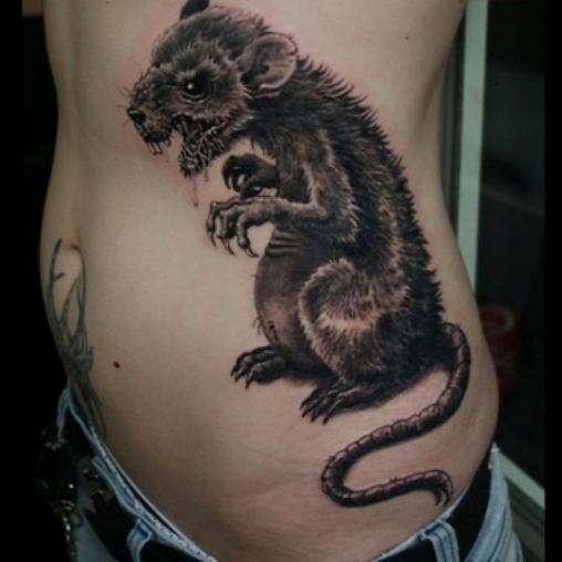Black Rat Tattoo On Man Side Rib