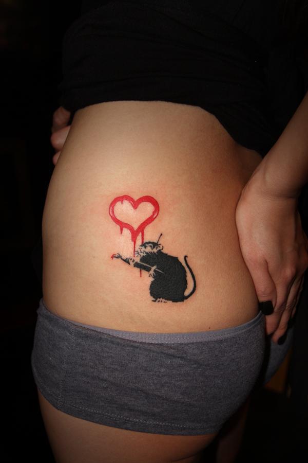 Black Rat With Red Heart Tattoo On Girl Side Rib