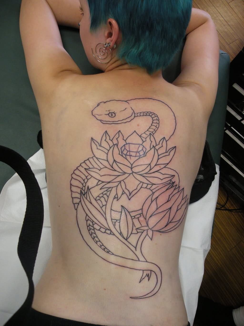 Black Snake With Two Lotus Flowers Tattoo On Full Back By Ariel