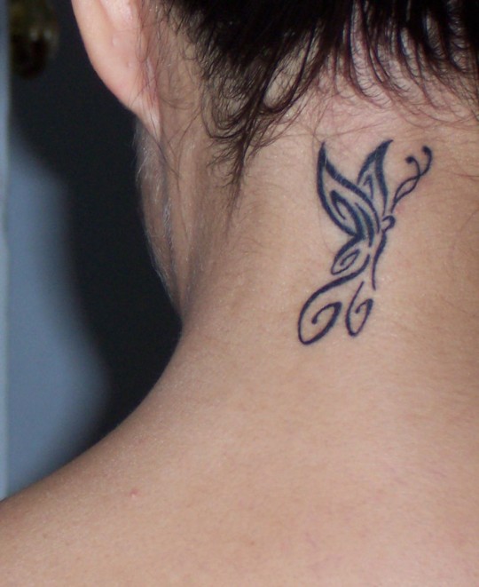 Black Tribal Butterfly Tattoo On Back Neck