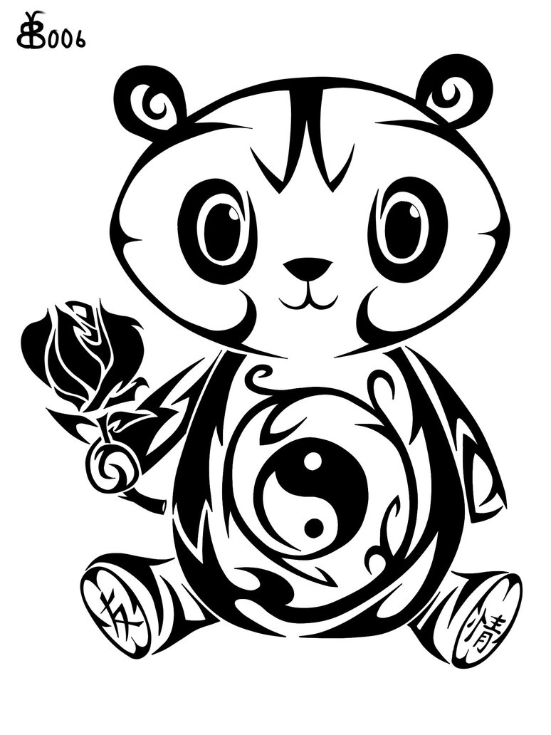 Black Tribal Panda Cub With Rose Tattoo Design By Blackbutterfly006