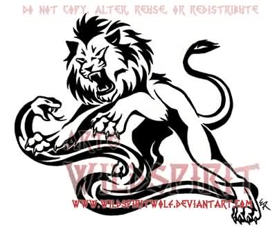 Black Tribal Snake With Lion Tattoo Design By WildSpiritDesigns